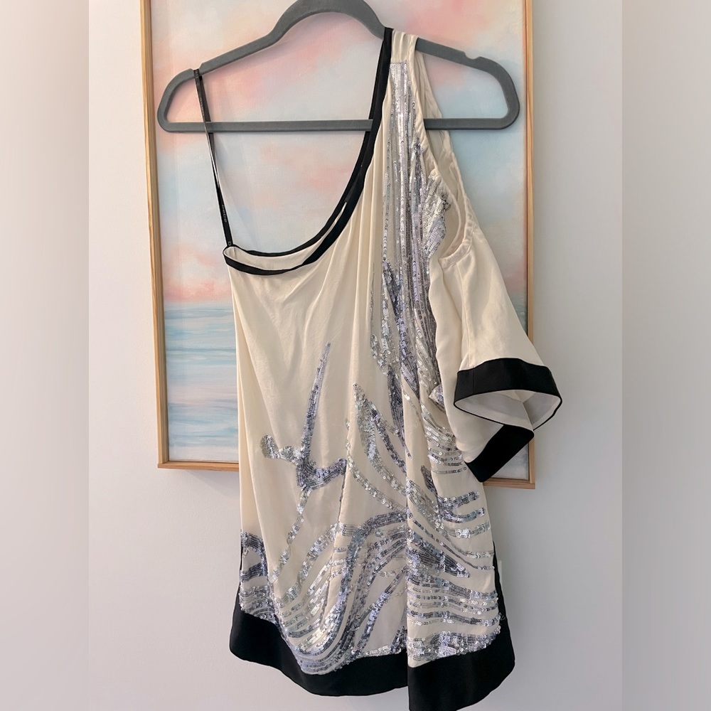 Bebe XS off shoulder asymmetric cream and black sequined silk shirt